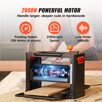 Planhyvel tjocklekshyvel tvåväxlad 13" bredd arbetsbordshyvel trebladig 15-Amp 2000W Kraftfull motor 12" förlängt inmatningsbord lågt ljud för