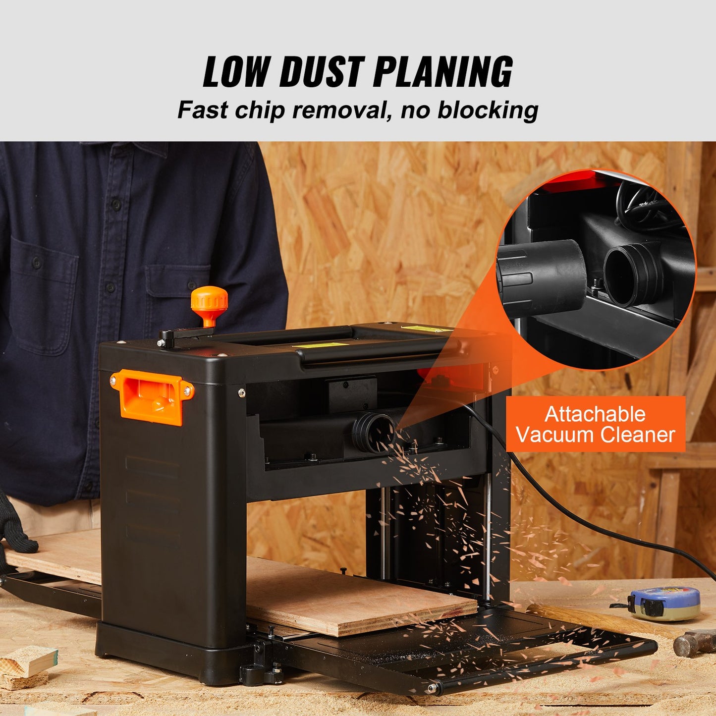 Planhyvel tjocklekshyvel tvåväxlad 13" bredd arbetsbordshyvel trebladig 15-Amp 2000W Kraftfull motor 12" förlängt inmatningsbord lågt ljud för