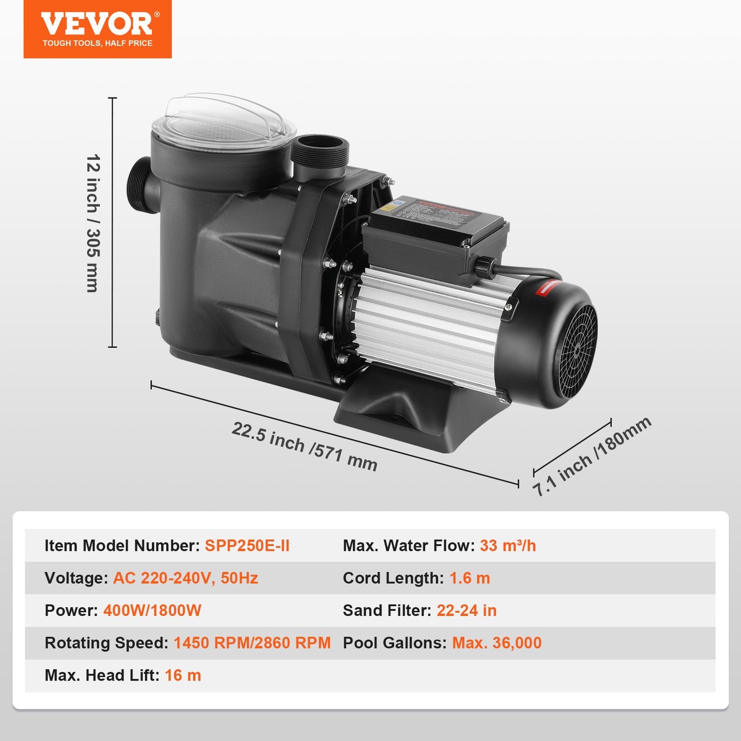 Swimmingpoolpump, 1800W 2HP dubbelhastighet, maxflöde 33000L/H Poolpump över marken, 220V-240V, 1450/2860RPM pump för ovanjordiska pooler, spa, varma källor, bevattningssystem