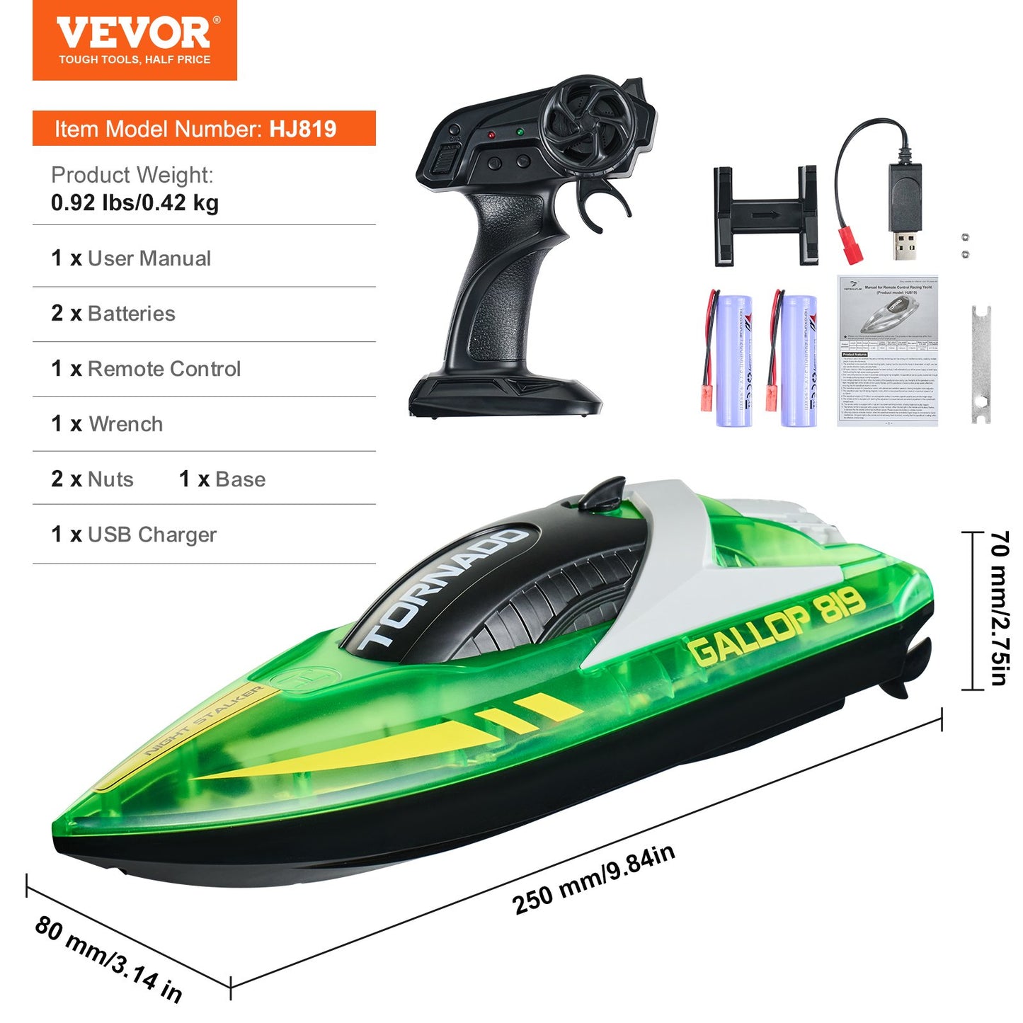 RC Boat 2.4 GHz Remote Control Racing Boat 12 km/h Kids Adults Gift Green