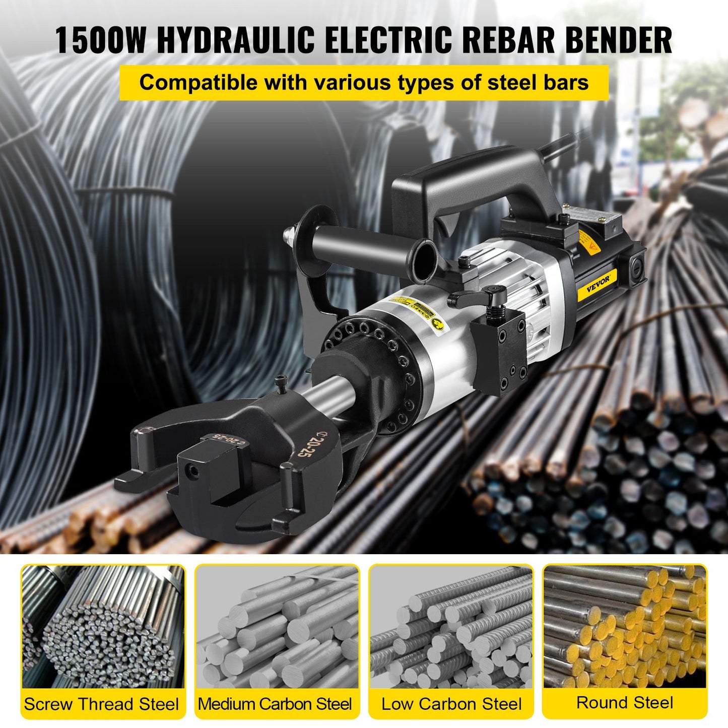1500W elektrisk hydraulisk armeringsjärnsbockare upp till 1 tum #8 (10-25 mm) armeringsjärn