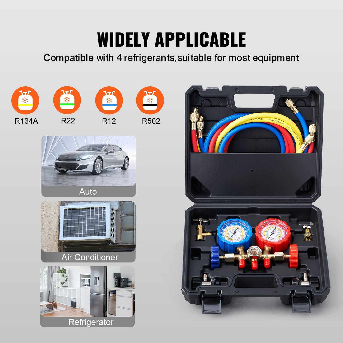 3-Way AC Diagnostic Manifold Gauge Kit Fits R134A, R22, R12, R502 Refrigerant, AC Gauge Kit with 5 Feet Hoses, Connectors, Can Faucet for Car Air Conditioning System Vehicle Air Conditioning Maintenance