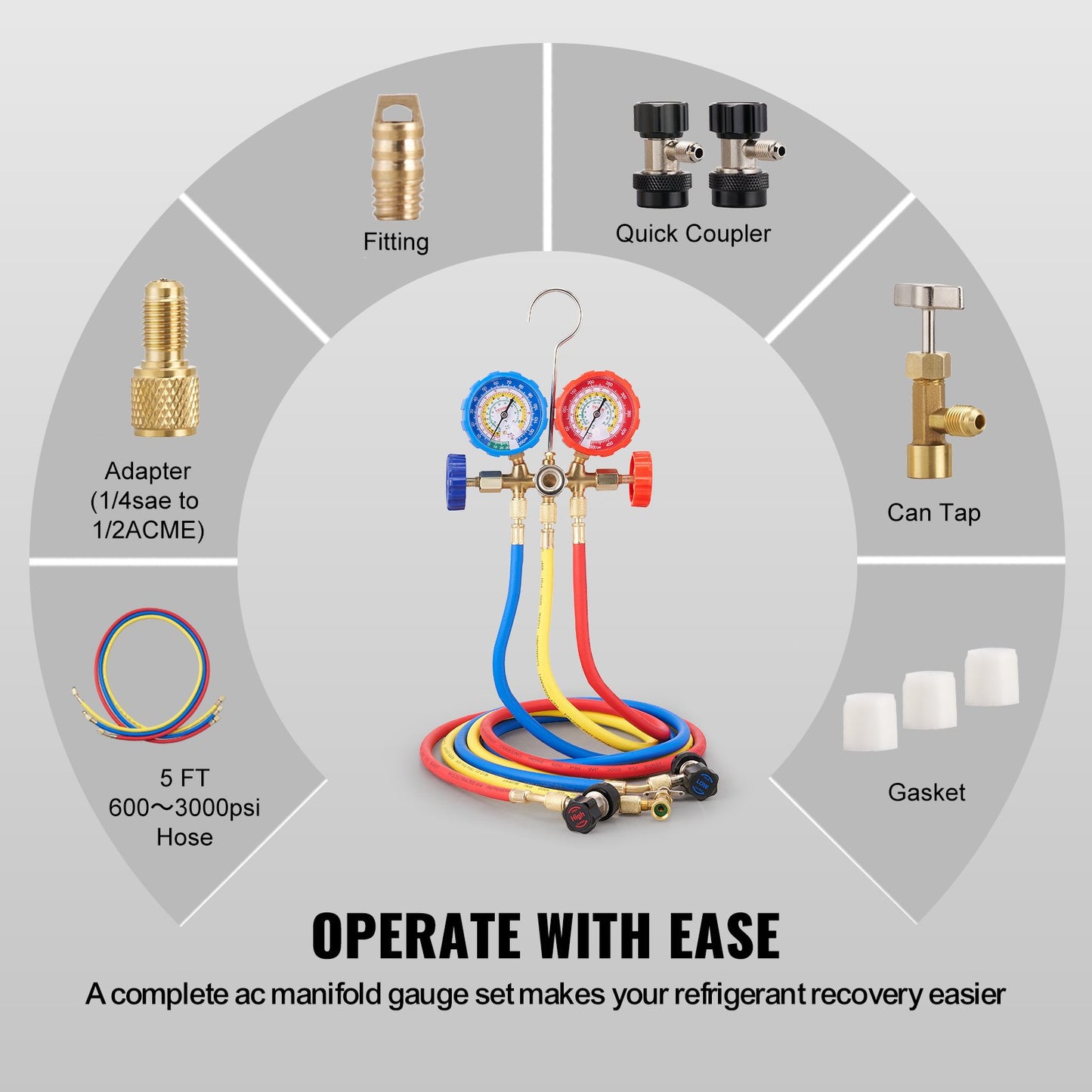 3-Way AC Diagnostic Manifold Gauge Kit Fits R134A, R22, R12, R502 Refrigerant, AC Gauge Kit with 5 Feet Hoses, Connectors, Can Faucet for Car Air Conditioning System Vehicle Air Conditioning Maintenance