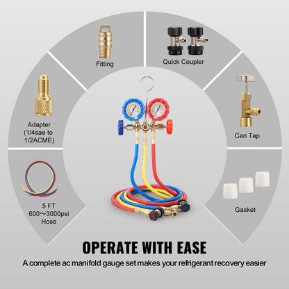 3-Way AC Diagnostic Manifold Gauge Kit Fits R134A, R22, R12, R502 Refrigerant, AC Gauge Kit with 5 Feet Hoses, Connectors, Can Faucet for Car Air Conditioning System Vehicle Air Conditioning Maintenance