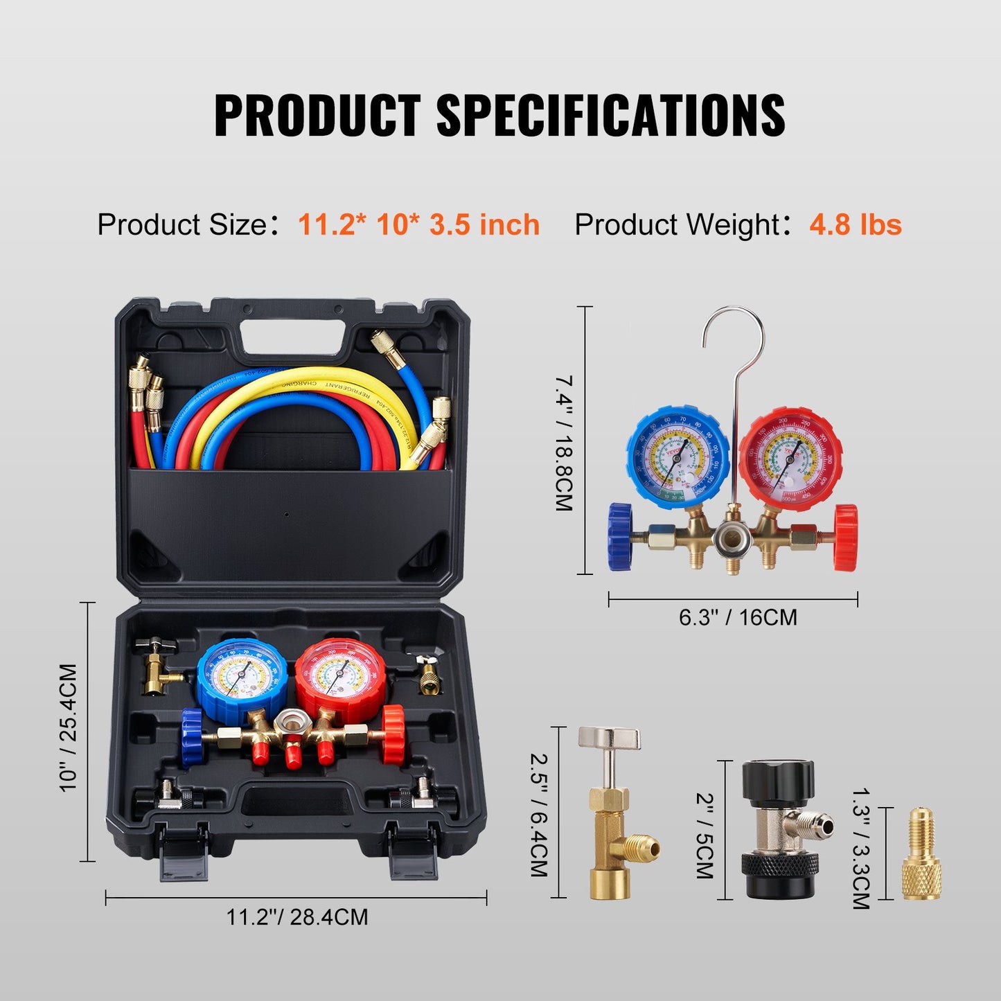 3-Way AC Diagnostic Manifold Gauge Kit Fits R134A, R22, R12, R502 Refrigerant, AC Gauge Kit with 5 Feet Hoses, Connectors, Can Faucet for Car Air Conditioning System Vehicle Air Conditioning Maintenance