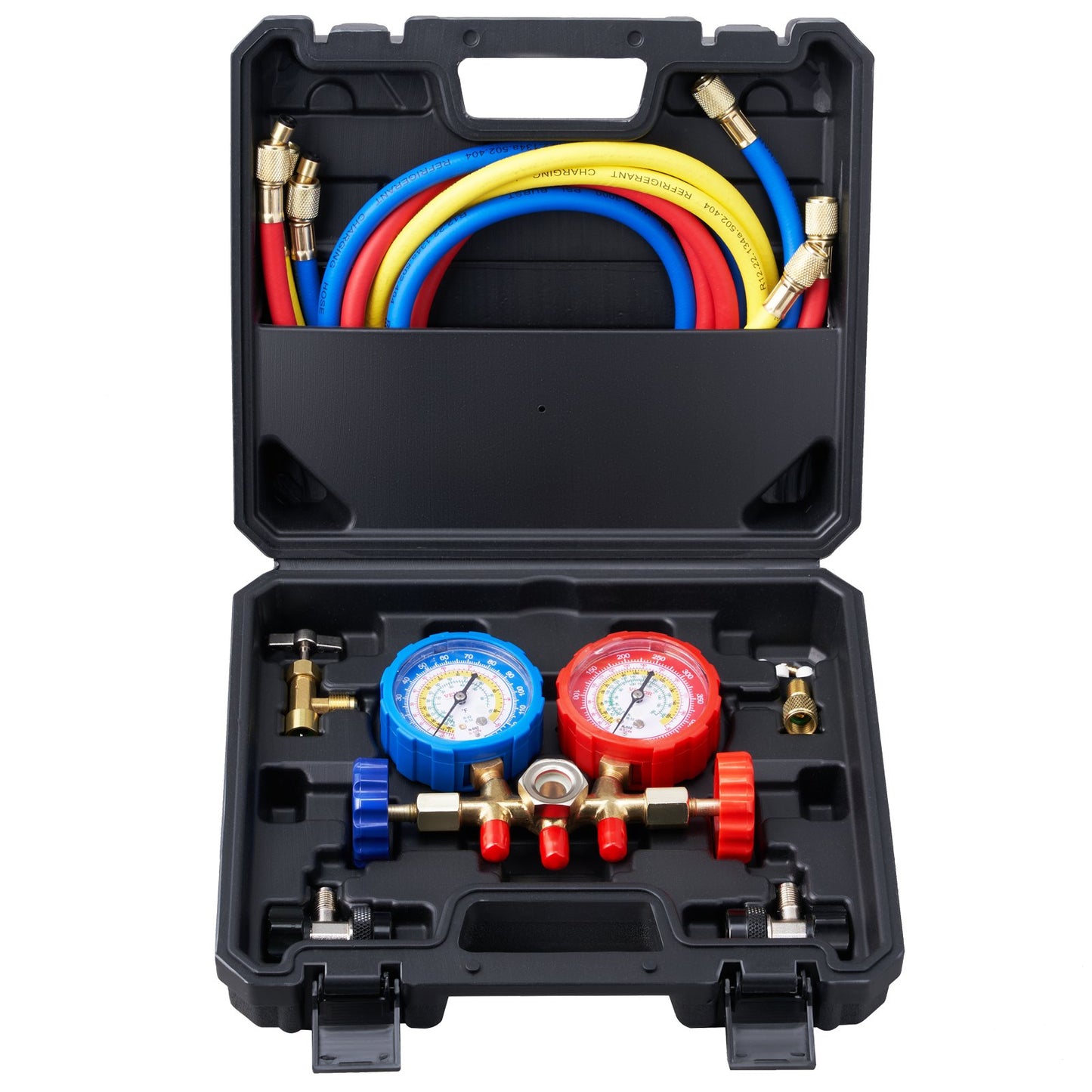3-Way AC Diagnostic Manifold Gauge Kit Fits R134A, R22, R12, R502 Refrigerant, AC Gauge Kit with 5 Feet Hoses, Connectors, Can Faucet for Car Air Conditioning System Vehicle Air Conditioning Maintenance