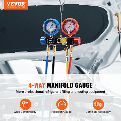 4 Way AC Gauge - AC Manifold Gauge Set for R134A R22 R12 R410A Refrigerant, Freon Gauge with 5 Feet Hoses, Couplings, Can Faucet Works on Car Auto Freon Charging and Evacuation