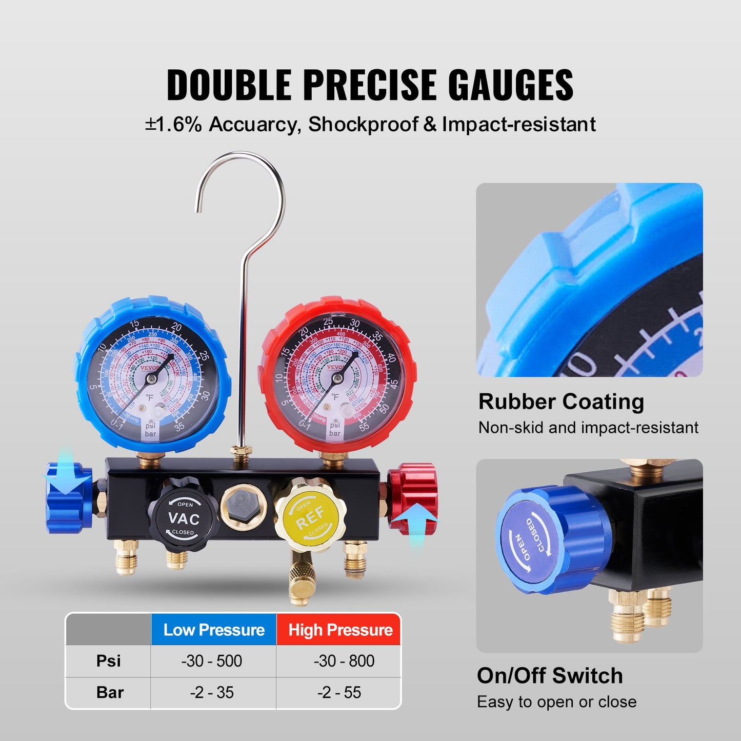 4 Way AC Gauge - AC Manifold Gauge Set for R134A R22 R12 R410A Refrigerant, Freon Gauge with 5 Feet Hoses, Couplings, Can Faucet Works on Car Auto Freon Charging and Evacuation