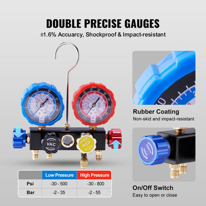 4 Way AC Gauge - AC Manifold Gauge Set for R134A R22 R12 R410A Refrigerant, Freon Gauge with 5 Feet Hoses, Couplings, Can Faucet Works on Car Auto Freon Charging and Evacuation