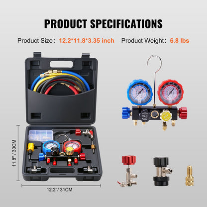 4 Way AC Gauge - AC Manifold Gauge Set for R134A R22 R12 R410A Refrigerant, Freon Gauge with 5 Feet Hoses, Couplings, Can Faucet Works on Car Auto Freon Charging and Evacuation