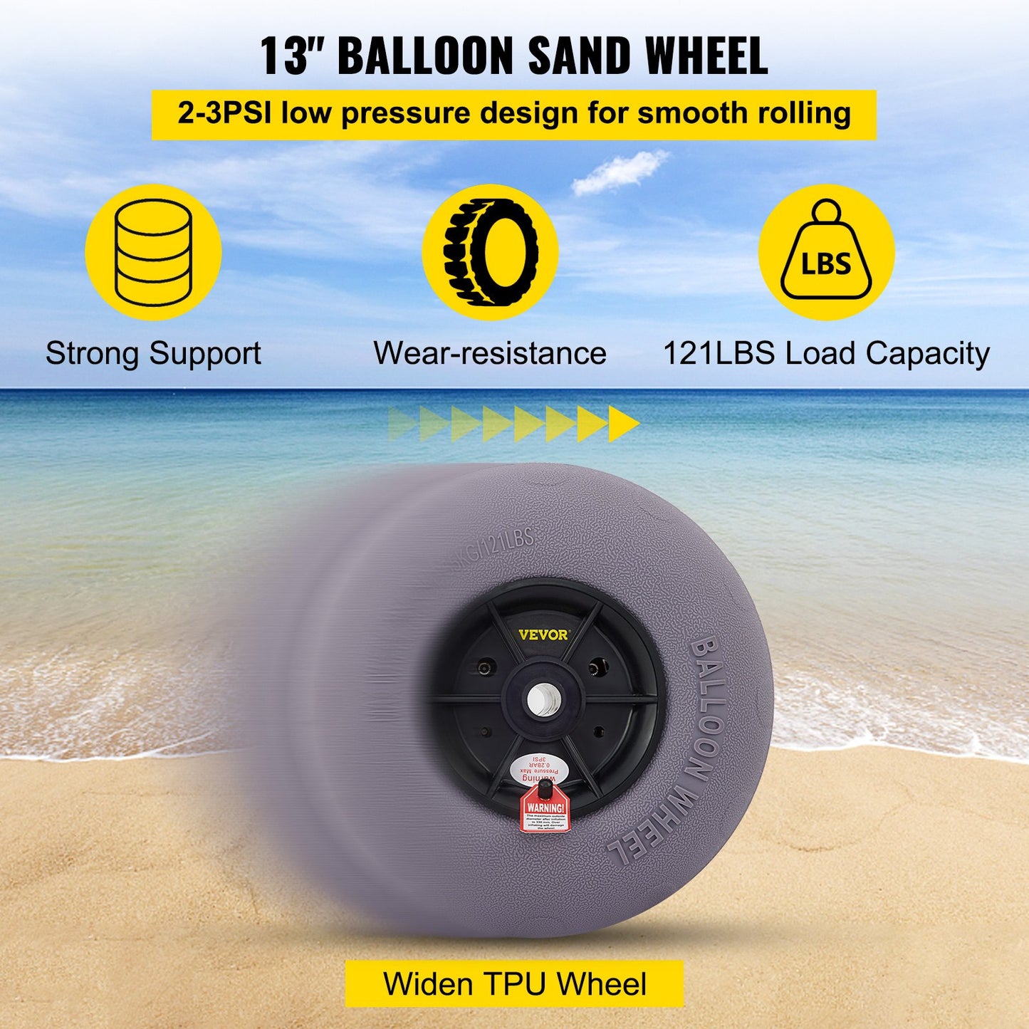 Beach Balloon Wheels, 13" Replacement Sand Tires, TPU Cart Tires for Kayak Dolly, Canoe Cart and Buggy with Free Air Pump, 2-Pack
