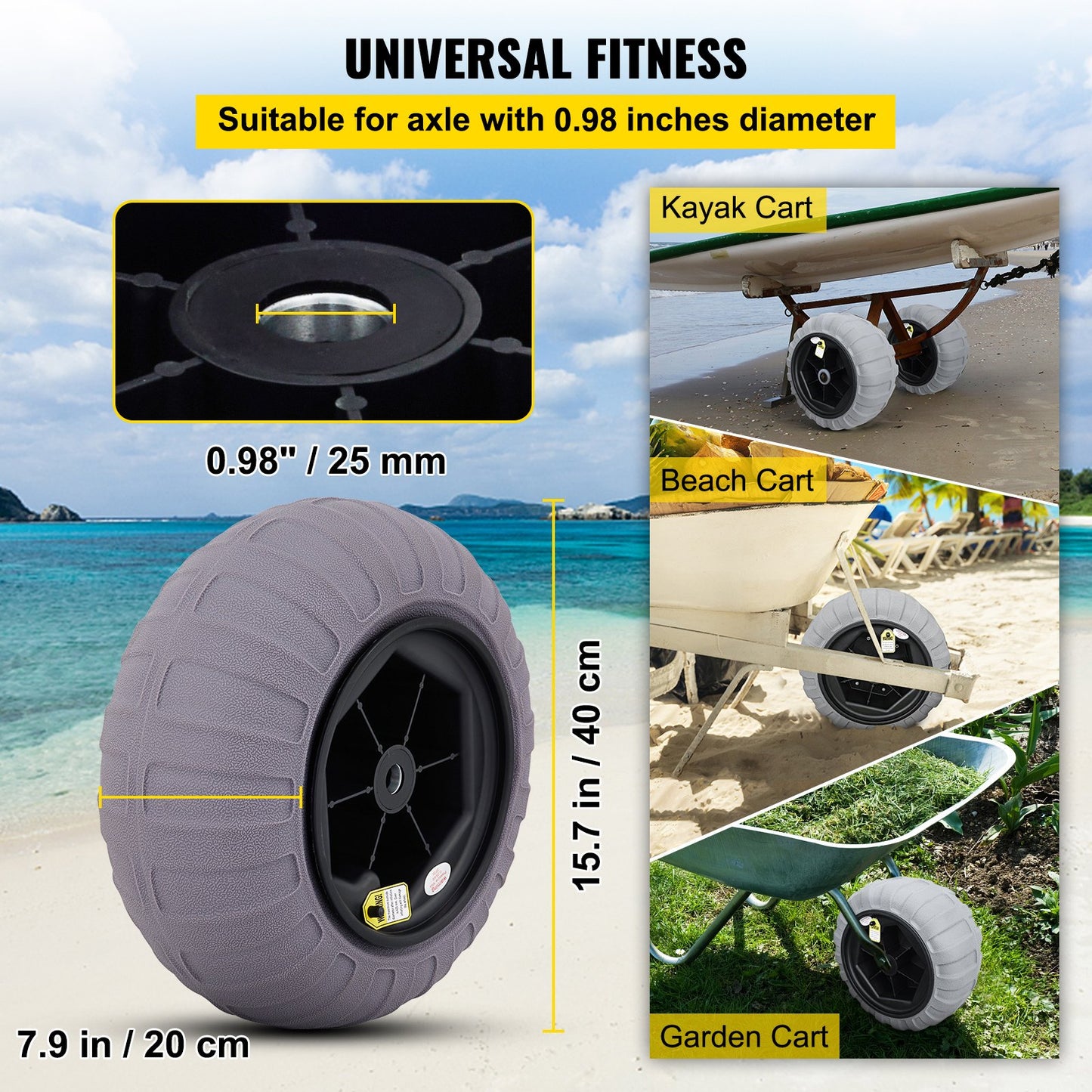Beach Balloon Wheels, 15.7" Replacement Sand Tires, TPU Cart Tires for Kayak Dolly, Canoe Cart and Buggy with Free Air Pump, 2-Pack