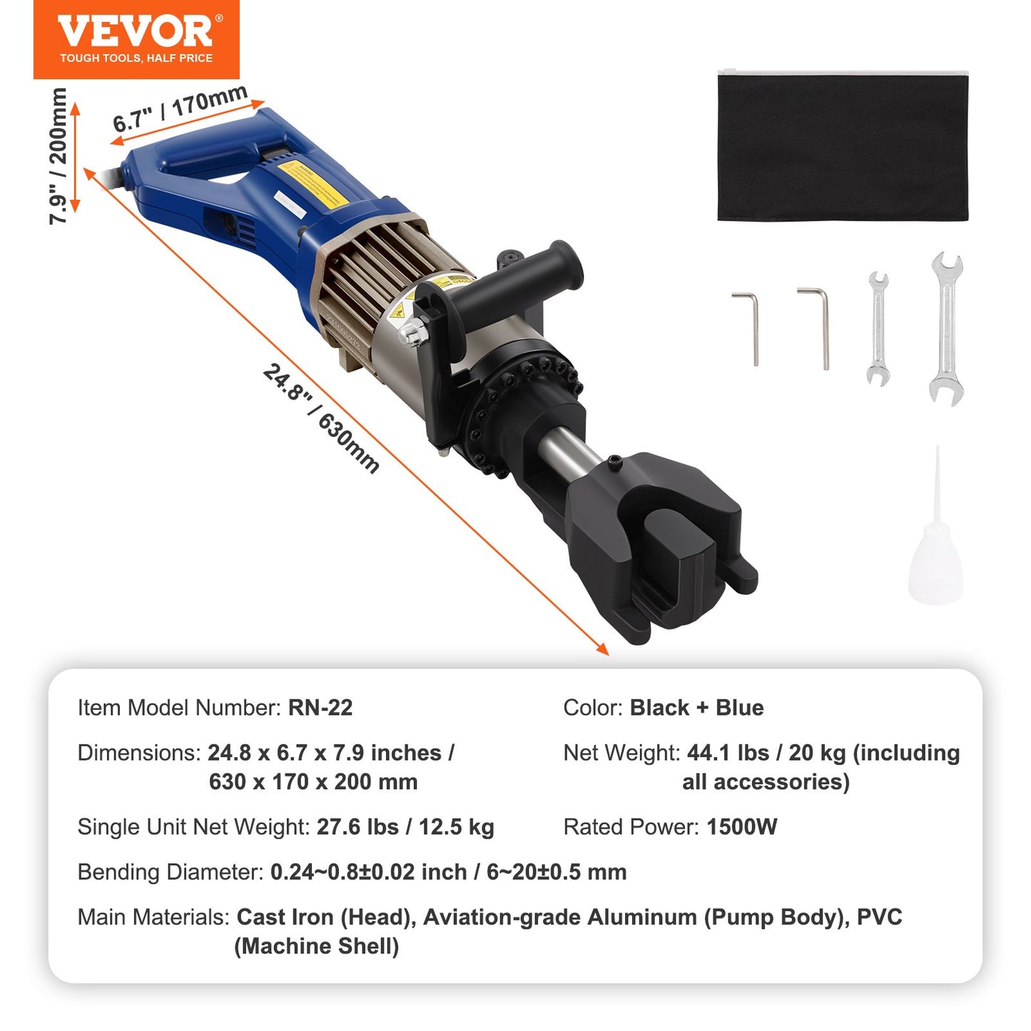 1500W elektrisk hydraulisk armeringsjärnsbockare upp till 3/4 tum #6 (6-20 mm) armeringsjärn