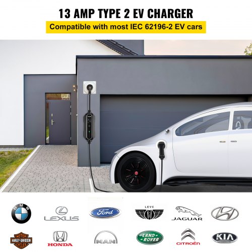 portable electric car charger, type 2 13A, electric vehicle charger 10 meter charging cable with EU 2-pin plug, digital display, 3kW waterproof IEC 62196-2 electric car charger for home with carrying case, CE | EU