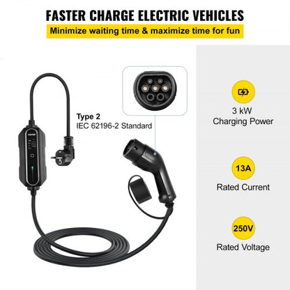 portable electric car charger, type 2 13A, electric vehicle charger 10 meter charging cable with EU 2-pin plug, digital display, 3kW waterproof IEC 62196-2 electric car charger for home with carrying case, CE | EU