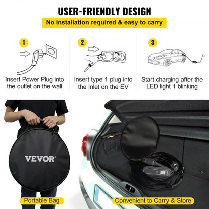 portable electric car charger, type 2 13A, electric vehicle charger 10 meter charging cable with EU 2-pin plug, digital display, 3kW waterproof IEC 62196-2 electric car charger for home with carrying case, CE | EU