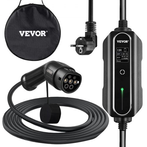 portable electric car charger, type 2 13A, electric vehicle charger 10 meter charging cable with EU 2-pin plug, digital display, 3kW waterproof IEC 62196-2 electric car charger for home with carrying case, CE | EU