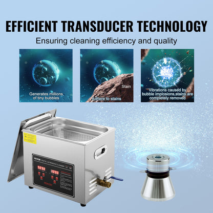 Ultrasonic Cleaner med digital timer och värmare, Professionell Ultra Sonic Smycken Cleaner, Rostfritt stål Uppvärmd rengöringsmaskin för glasögon Klockringar Små delar Kretskort (10L)
