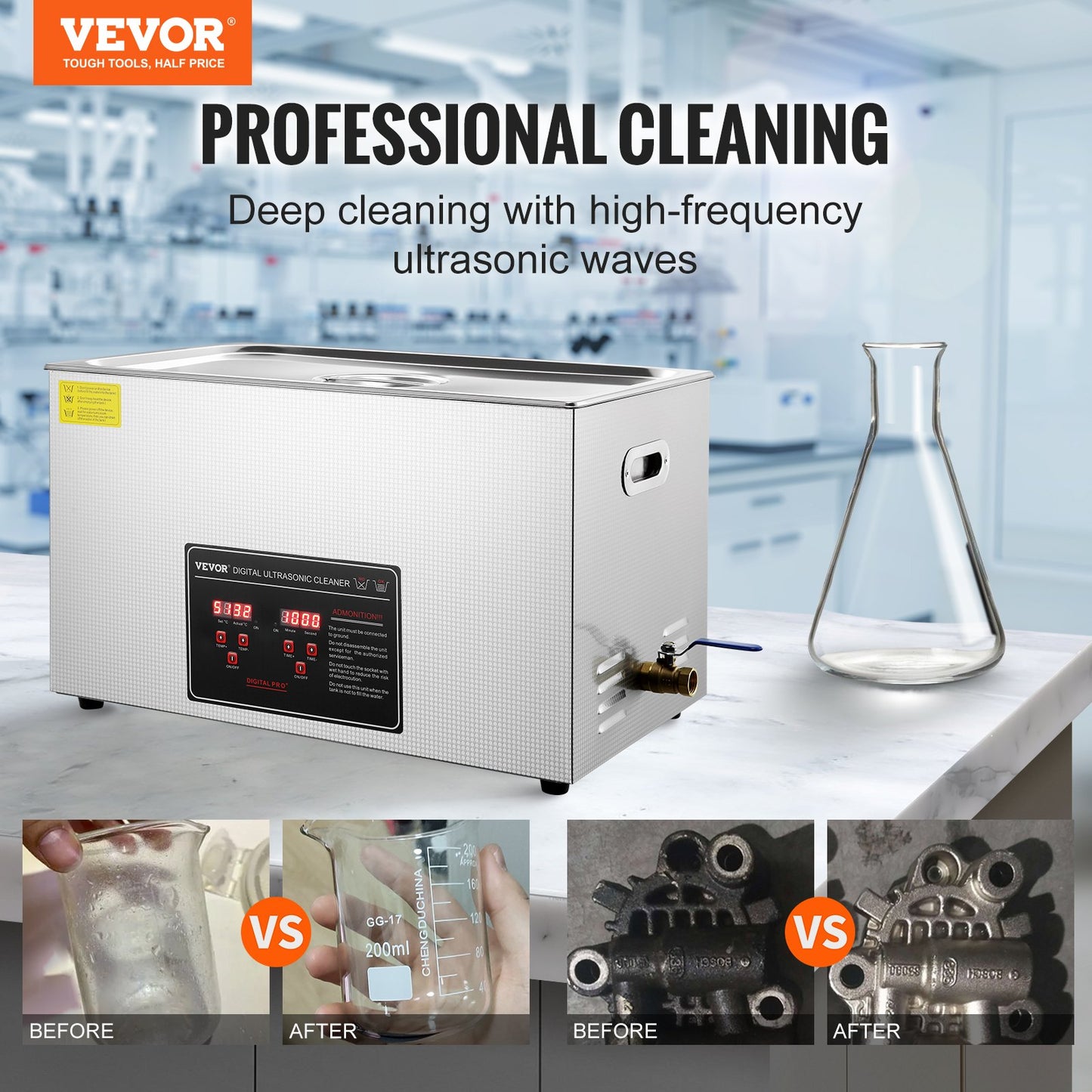 Ultrasonic Cleaner med digital timer och värmare, Professionell Ultra Sonic Smycken Cleaner, Rostfritt stål Uppvärmd rengöringsmaskin för glasögon Klockringar Små delar Kretskort (30L)