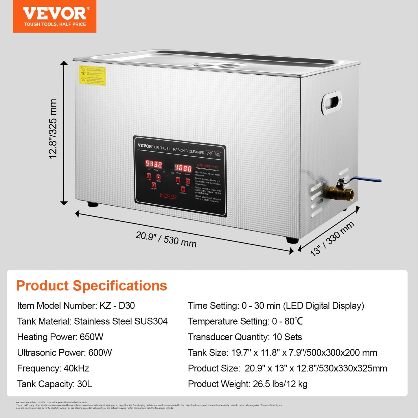Ultrasonic Cleaner med digital timer och värmare, Professionell Ultra Sonic Smycken Cleaner, Rostfritt stål Uppvärmd rengöringsmaskin för glasögon Klockringar Små delar Kretskort (30L)