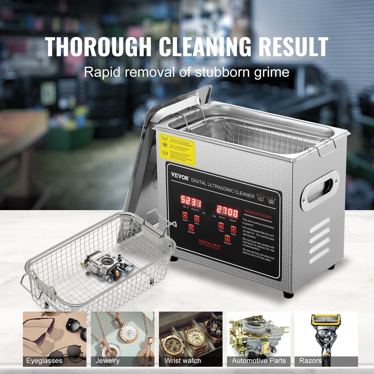 Ultrasonic Cleaner med Digital Timer & Heater, Professionell Ultra Sonic Smycken Cleaner, Rostfritt stål Uppvärmd rengöringsmaskin för glasögon Klockringar Små delar Kretskort (3L)