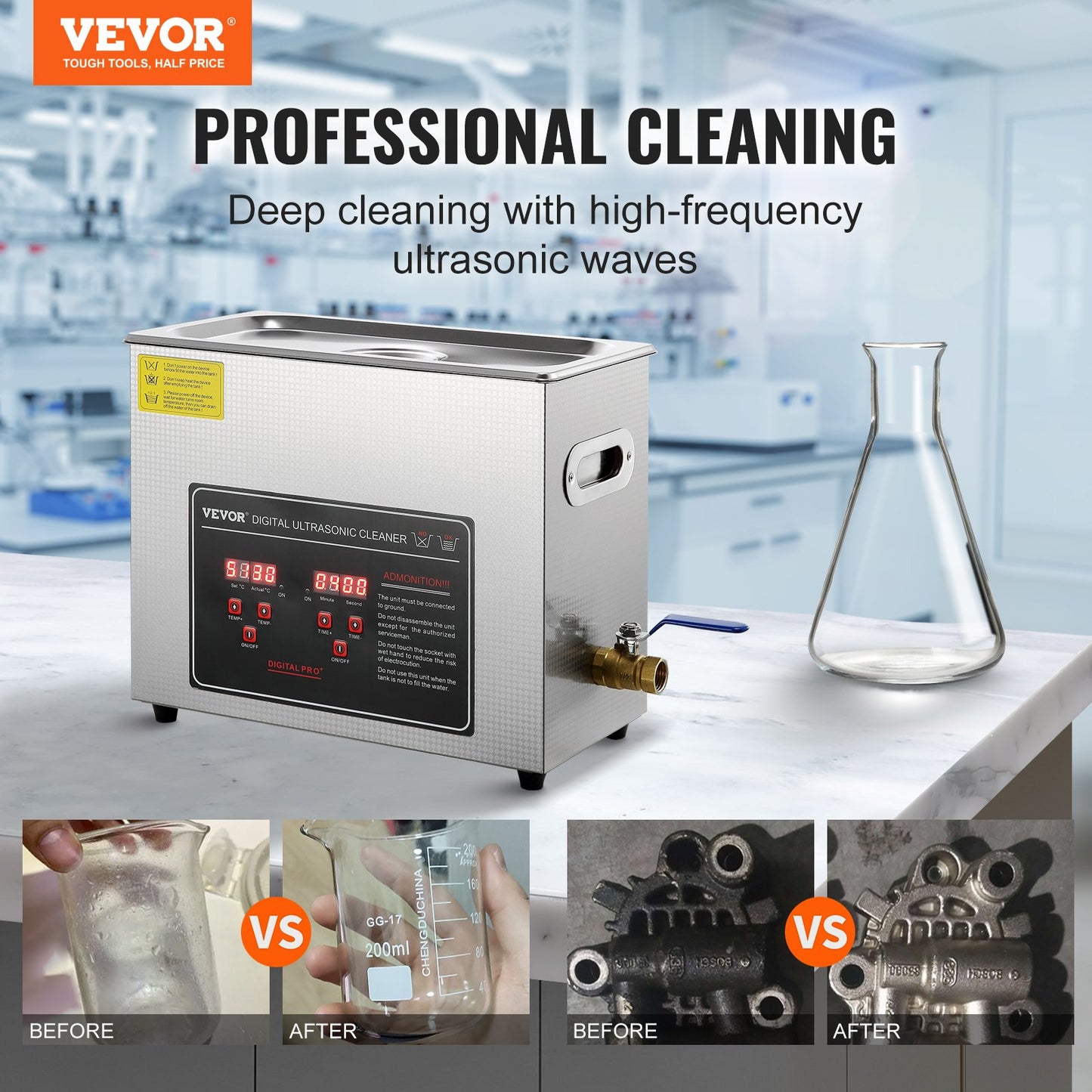 Ultrasonic Cleaner with Digital Timer &amp; Heater, Professional Ultra Sonic Jewelry Cleaner, Stainless Steel Heated Cleaning Machine for Glasses Watch Rings Small Parts Circuit Boards (6L)