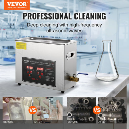 Ultrasonic Cleaner with Digital Timer &amp; Heater, Professional Ultra Sonic Jewelry Cleaner, Stainless Steel Heated Cleaning Machine for Glasses Watch Rings Small Parts Circuit Boards (6L)