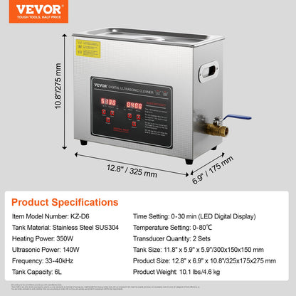 Ultrasonic Cleaner with Digital Timer &amp; Heater, Professional Ultra Sonic Jewelry Cleaner, Stainless Steel Heated Cleaning Machine for Glasses Watch Rings Small Parts Circuit Boards (6L)
