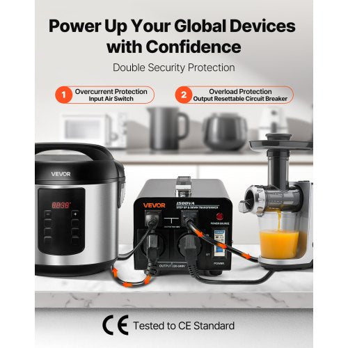Spänningsomvandlare Transformator, 1500VA, Kraftig Step Up/Down Transformator, Omvandlare från 110V till 220V och 220V till 110V, med US-uttag, EU-uttag, Nätsladd, Säkringsskydd |  EU