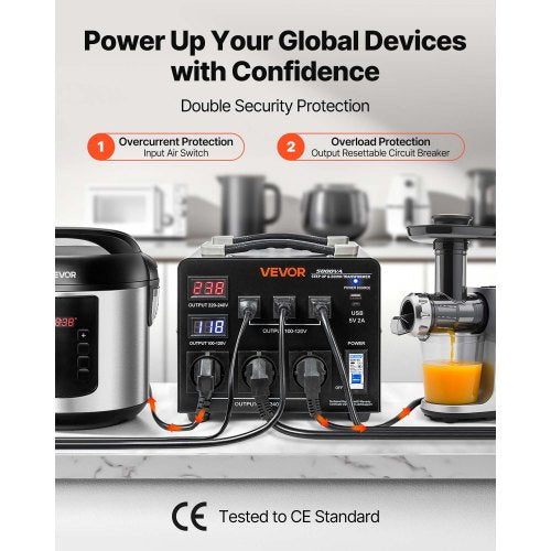 Spänningsomvandlare, 5000VA, Kraftig upp-/nedtransformator, 110V till 220V och 220V till 110V, med 3 US-uttag, 3 EU-uttag, LCD-display, brytarskydd |  EU