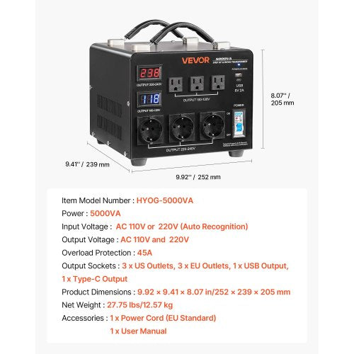 Spänningsomvandlare, 5000VA, Kraftig upp-/nedtransformator, 110V till 220V och 220V till 110V, med 3 US-uttag, 3 EU-uttag, LCD-display, brytarskydd |  EU