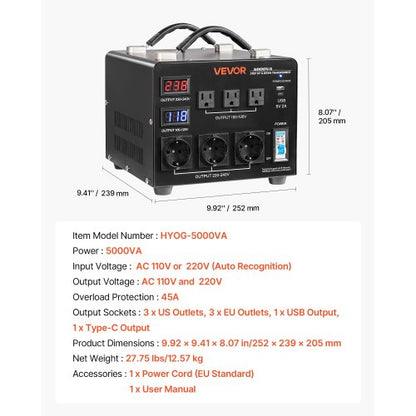 Spänningsomvandlare, 5000VA, Kraftig upp-/nedtransformator, 110V till 220V och 220V till 110V, med 3 US-uttag, 3 EU-uttag, LCD-display, brytarskydd |  EU