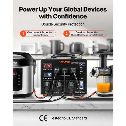Spänningsomvandlare, 6000VA, Kraftig upp-/nedtransformator, 110V till 220V och 220V till 110V, med 3 US-uttag, 3 EU-uttag, LCD-display, kretsbrytarskydd |  EU