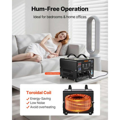 Spänningsomvandlare, 6000VA, Kraftig upp-/nedtransformator, 110V till 220V och 220V till 110V, med 3 US-uttag, 3 EU-uttag, LCD-display, kretsbrytarskydd |  EU