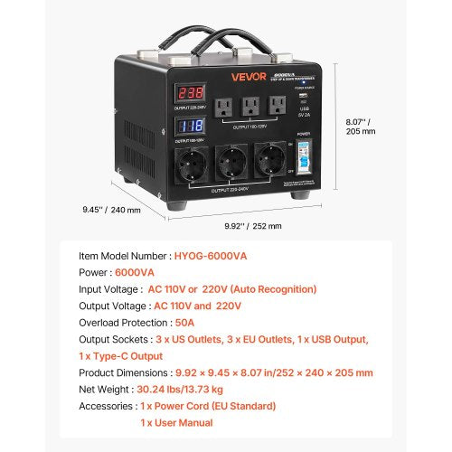 Spänningsomvandlare, 6000VA, Kraftig upp-/nedtransformator, 110V till 220V och 220V till 110V, med 3 US-uttag, 3 EU-uttag, LCD-display, kretsbrytarskydd |  EU
