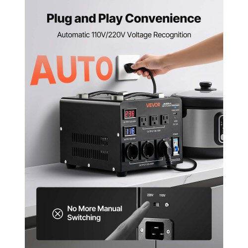 Spänningsomvandlare, 3000VA, Kraftig upp-/nedtransformator, 110V till 220V och 220V till 110V, med 3 US-uttag, 3 EU-uttag, LCD-display, kretsbrytarskydd |  EU