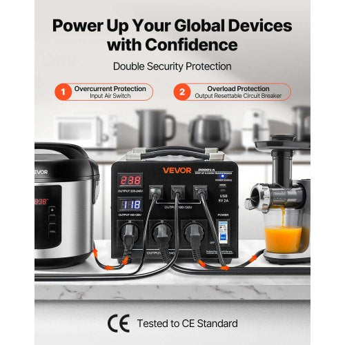 Spänningsomvandlare, 3000VA, Kraftig upp-/nedtransformator, 110V till 220V och 220V till 110V, med 3 US-uttag, 3 EU-uttag, LCD-display, kretsbrytarskydd |  EU