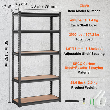 Förvaringshylla, 5-lagers justerbar, 2 000 lbs kapacitet, kraftiga garagehyllor Metallorganiseringshylla, svart, 30" L x 12" B x 60" H för köksskafferi källare Badrumstvätt