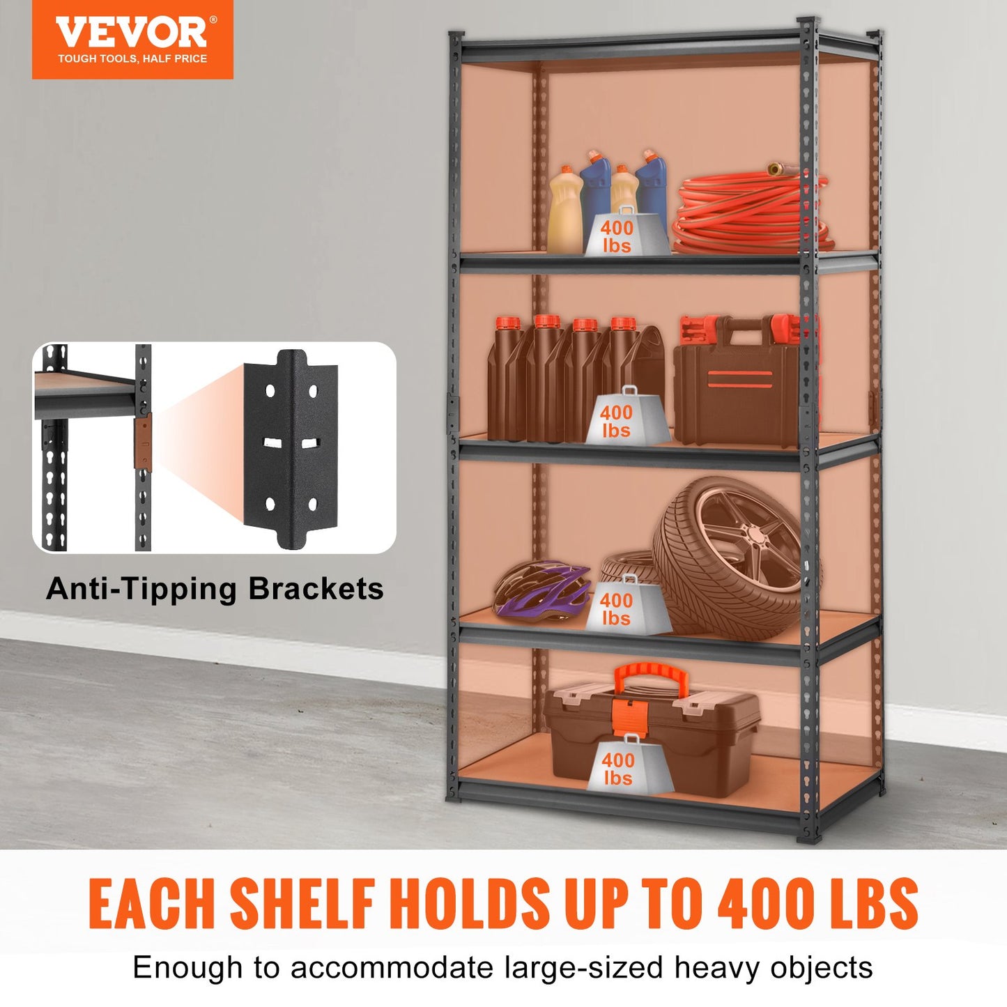 Storage Shelf, 5-Tier Adjustable, 2000 lbs Capacity, Heavy Duty Garage Shelves Metal Organizer Utility Rack, Black, 36" L x 18" W x 72" H for Kitchen Pantry Basement Bathroom Laundry