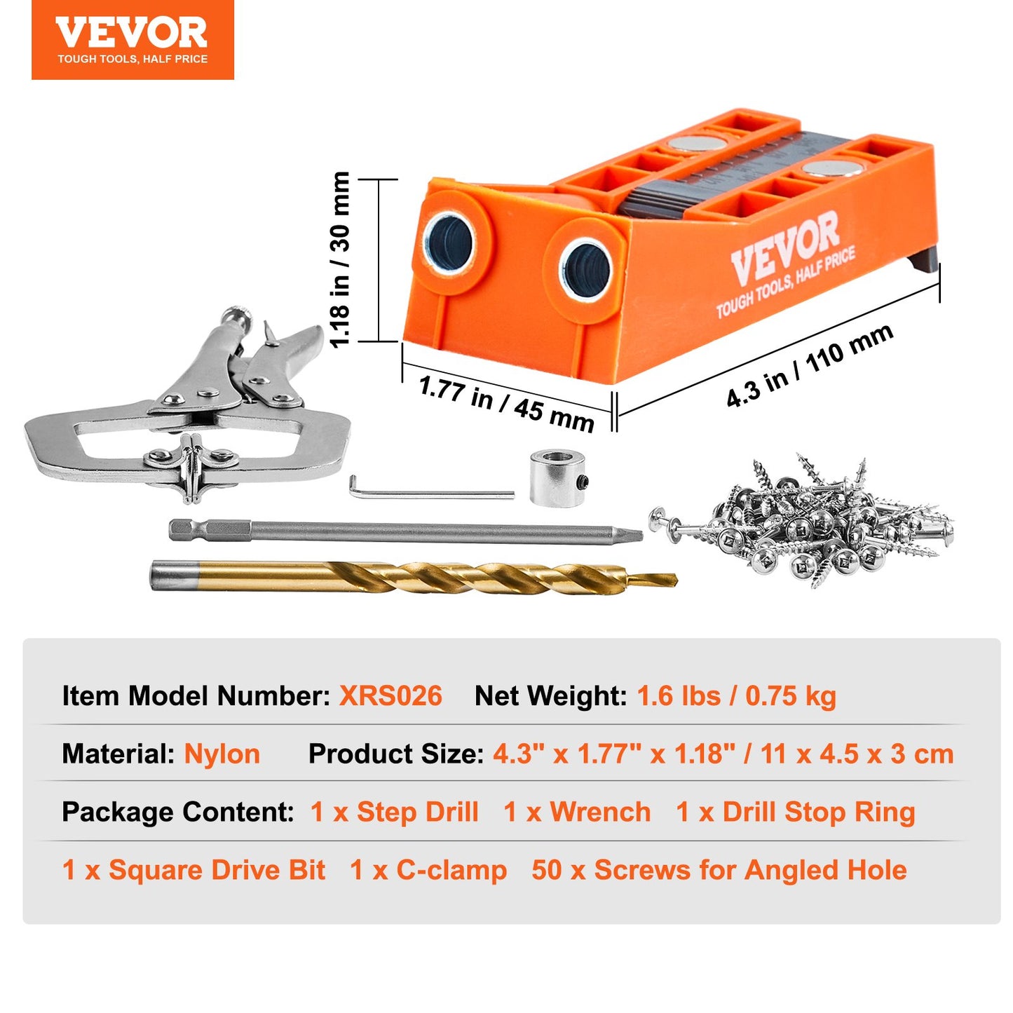 Pocket Hole Jig, 56 st Mini Jig Pocket Hole System med 9" C-klämma, stegborr, skiftnyckel, borrstoppring, fyrkantig drivbit och skruvar, för DIY-snickarprojekt