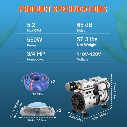 Pond Aerator Lake Pond Aeration Kit 3/4 HP m/ 2x 3048 cm Rör 2x 20 cm Diffusers