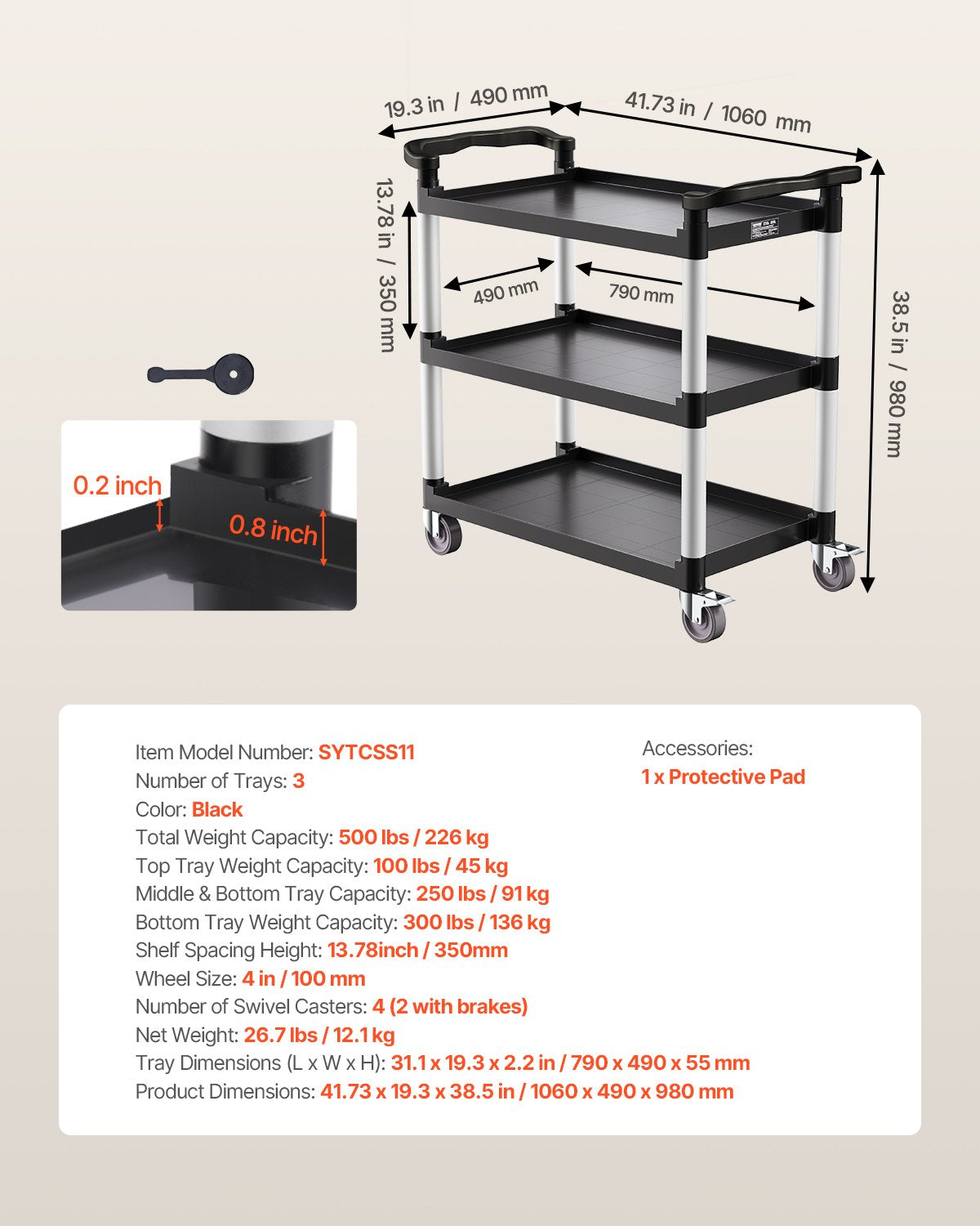 Heavy Duty Utility Cart 500 lbs Kapacitet 3-lagers servicevagn med hjul