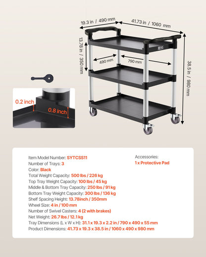 Heavy Duty Utility Cart 500 lbs Kapacitet 3-lagers servicevagn med hjul