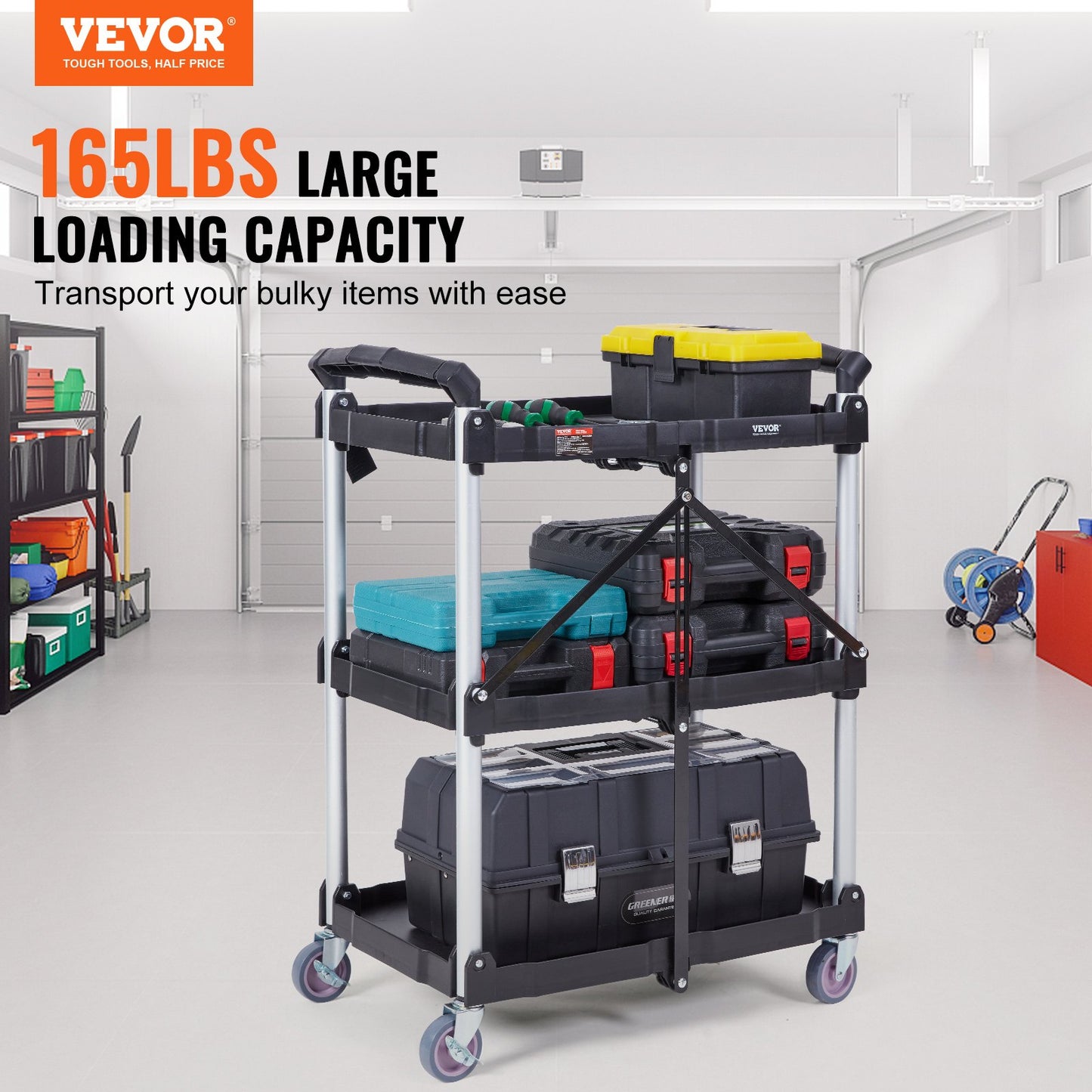 Foldable Utility Service Cart, 3 hyllor 165LBS Heavy Duty plastrullande vagn med låsbara hjul, ergonomiskt handtag, portabel garageverktygsvagn för lager/kontor/hem(25,62"x15,43"x32,76")