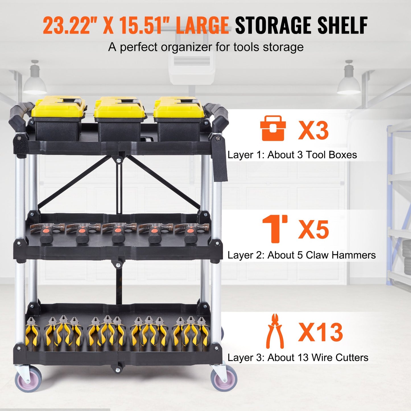 Foldable Utility Service Cart, 3 hyllor 165LBS Heavy Duty plastrullande vagn med låsbara hjul, ergonomiskt handtag, portabel garageverktygsvagn för lager/kontor/hem(25,62"x15,43"x32,76")