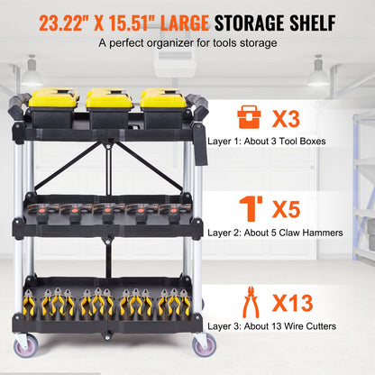 Foldable Utility Service Cart, 3 hyllor 165LBS Heavy Duty plastrullande vagn med låsbara hjul, ergonomiskt handtag, portabel garageverktygsvagn för lager/kontor/hem(25,62"x15,43"x32,76")