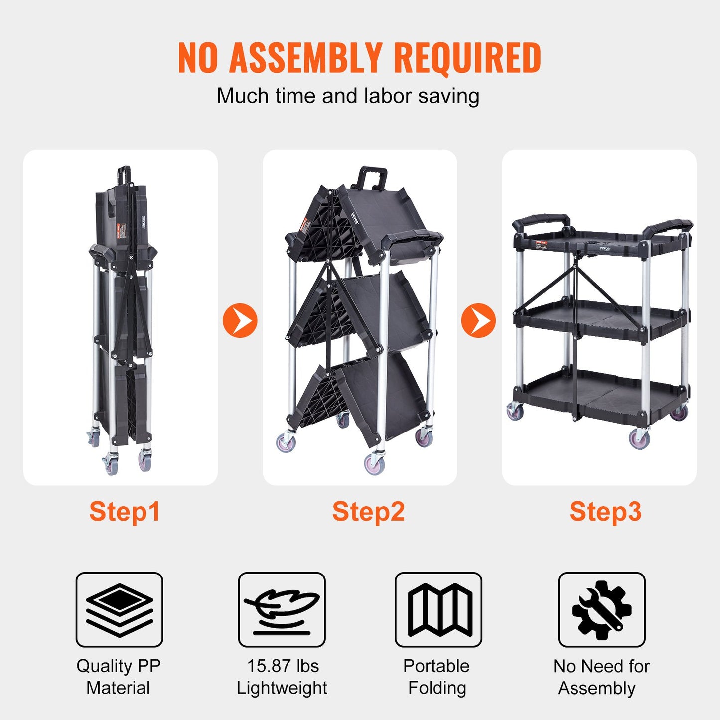 Foldable Utility Service Cart, 3 hyllor 165LBS Heavy Duty plastrullande vagn med låsbara hjul, ergonomiskt handtag, portabel garageverktygsvagn för lager/kontor/hem(25,62"x15,43"x32,76")