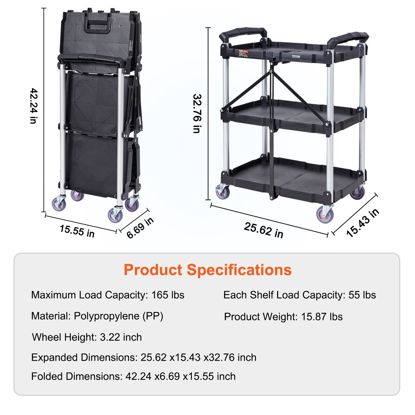 Foldable Utility Service Cart, 3 hyllor 165LBS Heavy Duty plastrullande vagn med låsbara hjul, ergonomiskt handtag, portabel garageverktygsvagn för lager/kontor/hem(25,62"x15,43"x32,76")
