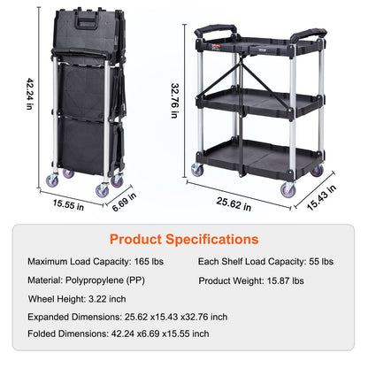 Foldable Utility Service Cart, 3 hyllor 165LBS Heavy Duty plastrullande vagn med låsbara hjul, ergonomiskt handtag, portabel garageverktygsvagn för lager/kontor/hem(25,62"x15,43"x32,76")