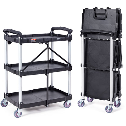 Foldable Utility Service Cart, 3 hyllor 165LBS Heavy Duty plastrullande vagn med låsbara hjul, ergonomiskt handtag, portabel garageverktygsvagn för lager/kontor/hem(25,62"x15,43"x32,76")